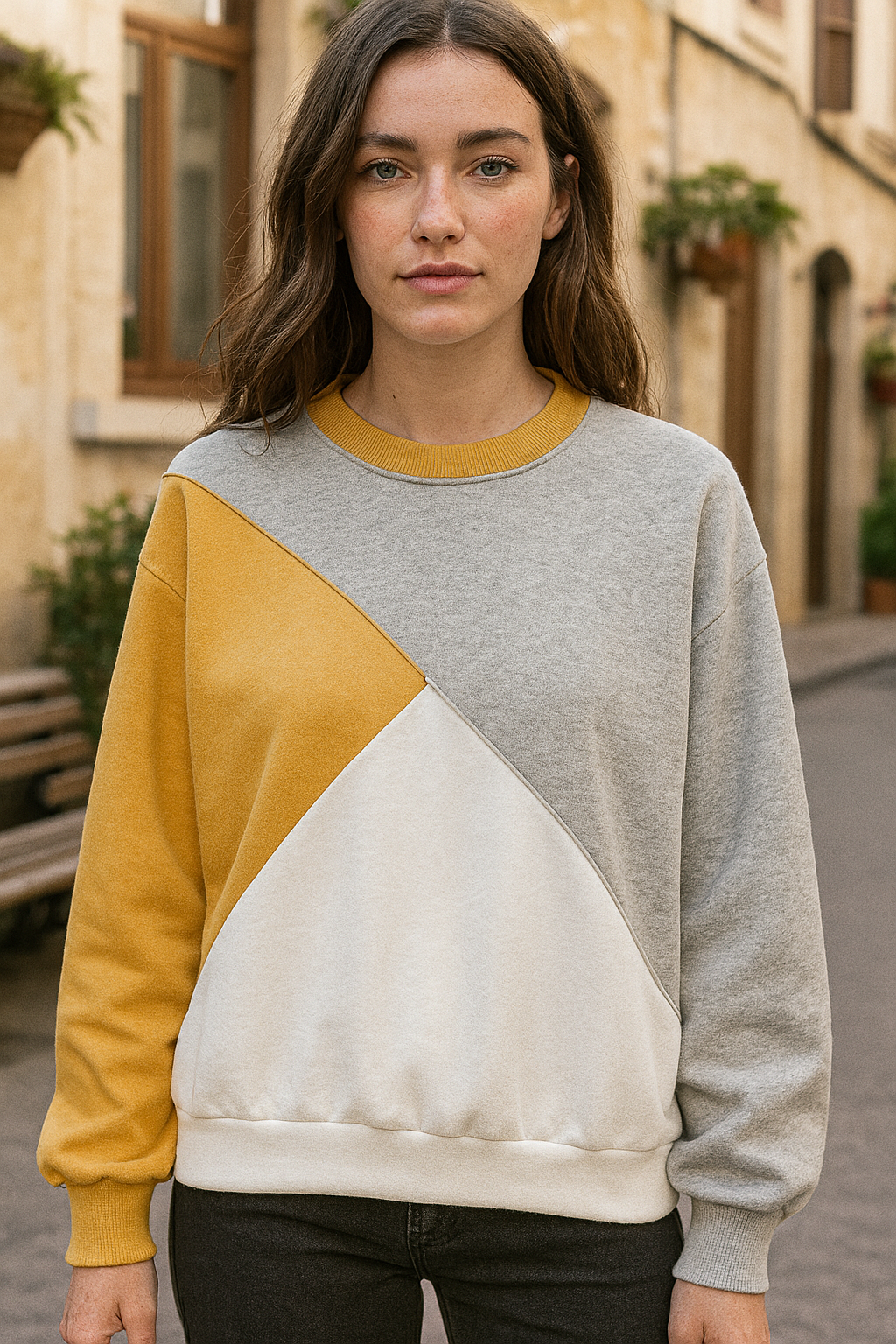 Custom Mustard Grey Color-Block Crewneck by EQUEST GEAR